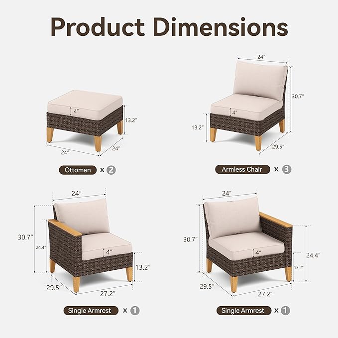 GREEN PARTY 7 Pieces Wicker Patio Furniture Set, All-Weather Outdoor Rattan Patio Sectional Sofa Conversation Set with 4" Thick Cushions for Garden, Backyard, 2 x Ottomans