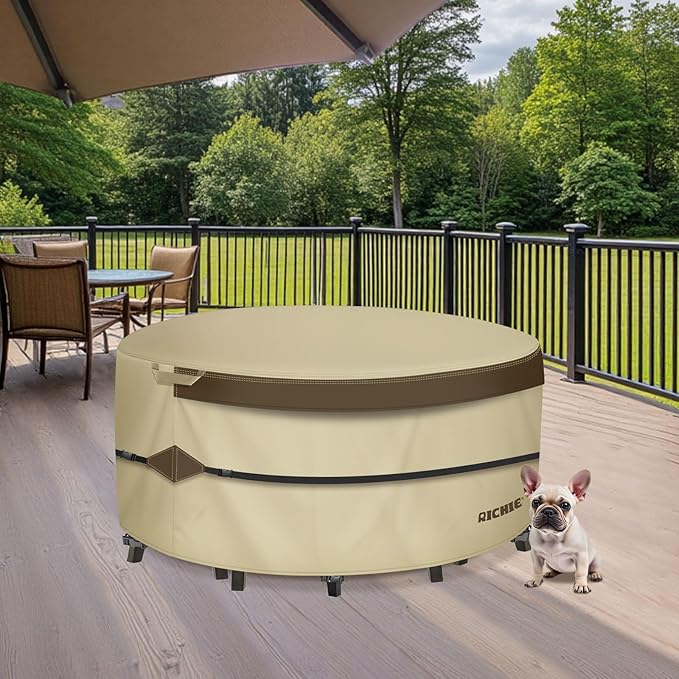 RICHIE Outdoor Patio Furniture Cover - Heavy Duty Waterproof 600D Tough Canvas Protector for Round Table Cover, All-Season Dining Table and Chair Covers (96"DIAx28"H)