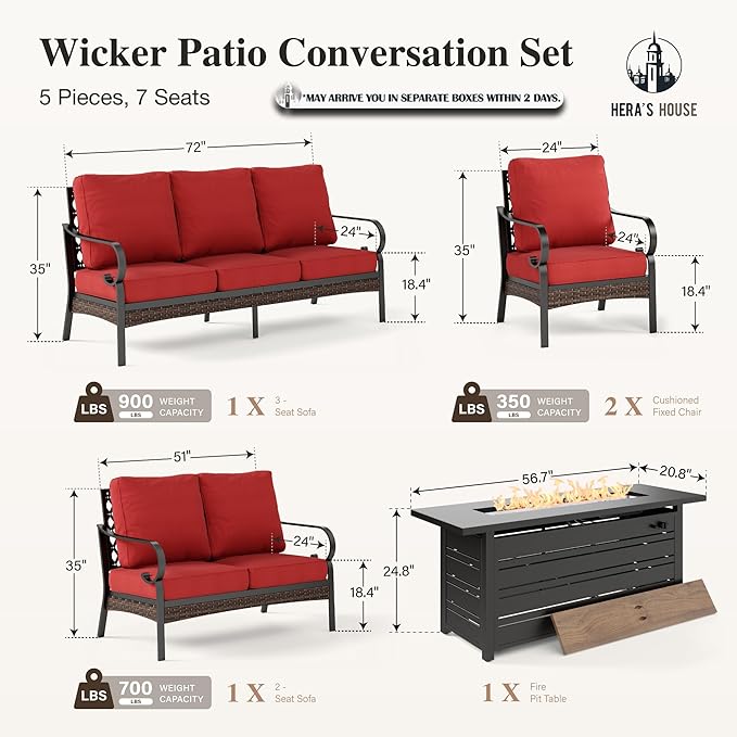 HERA'S HOUSE 5 Piece Metal Patio Furniture Set with 56" Fire Pit Table, All Weather Outdoor Conversation Set, 3 Seat Sofa with Loveseat, 2 Fixed Chairs, Seats 7 for Backyard, Garden, Deck, Red