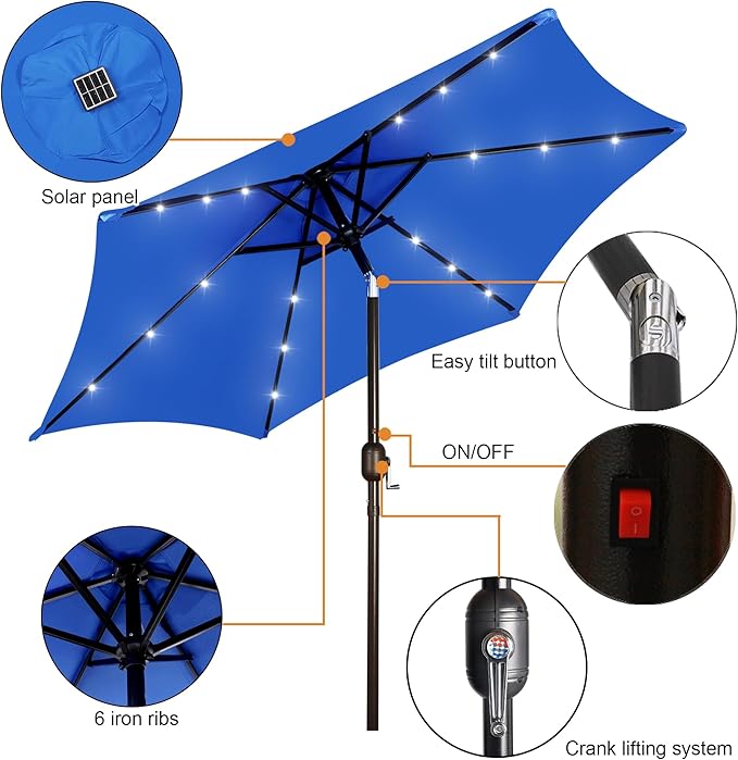 Blissun 7.5 ft Solar Umbrella, 18 LED Lighted Patio Umbrella, Table Market Umbrella