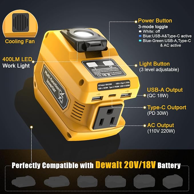 220W Portable Power Inverter Compatible with Dewalt 20V Battery, DC 20V to AC 110V Battery Inverter, Power Station with 400LM LED Work Light, 1 AC Outlet, 2 USB Ports &1 Type-C, Fast Charging