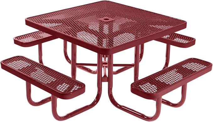 COATEDOUTDOORFURNITURE Heavy-Duty Portable Outdoor Picnic Table with Umbrella Hole, Expanded Metal Commercial-Grade Patio Furniture Made in America (46" Square Top, Burgundy with Burgundy Frames)