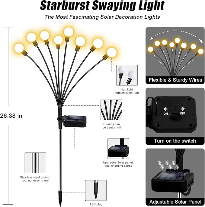 NBQQ Solar Garden Lights Outdoor, Waterproof Solar Powered Lights for Yard Pathway Patio, Swaying Lawn Decor as Gardening Gifts for Women Holiday（Warm White,6 Pack）