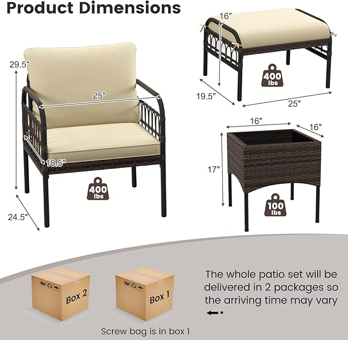 Tangkula 5 Piece Patio Conversation Set, Outdoor Wicker Chair Set w/Ottomans & Coffee Table, Comfy Seat & Back Cushions, Patio Wicker Woven Furniture Set for Backyard, Poolside (Beige)