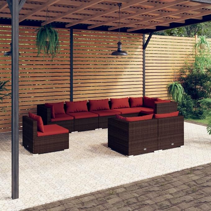 9 Piece Patio Lounge Set with Cushion, Furniture Conversation Sets Outdoor Patio Sectional Piece Patio Set Patio Lounge Set s Poly Rattan Brown