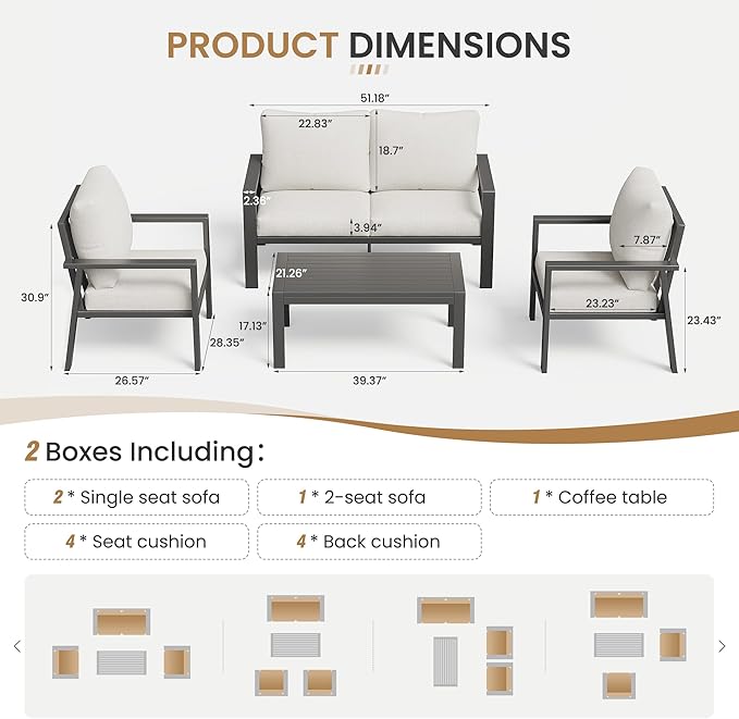 4-Piece Aluminum Patio Conversation Sets All-Weather Sectional Outdoor Furniture Set with Coffee Table & Cushions with Removable Covers for for Backyard, Garden and Poolside Easy Assembly(Beige)