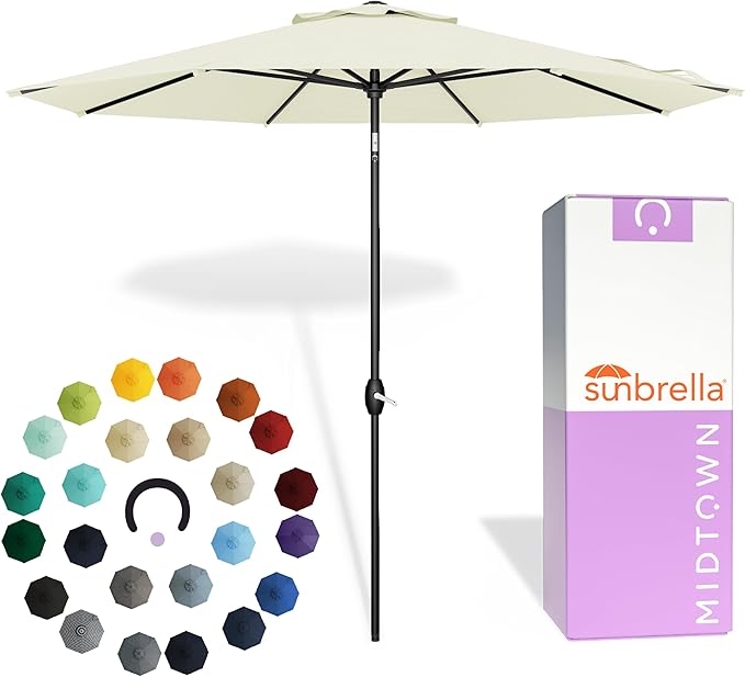 Midtown Umbrellas - The Lean 8 Ft Patio Umbrella with Fade-Resistant Sunbrella Fabric, Auto-Tilt Aluminum Frame and 8 Reinforced Ribs for Deck, Pool & Garden - Canvas Natural Canopy, Black Pole