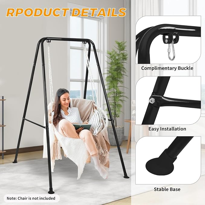 Swing Stand Only, Hammock Chair Stand, Heavy-Duty Metal Stand, Multi-Use Swing Frame for Indoor and Outdoor, Backyard, Max Load 300lbs, Hammock Chair not Included (Black)