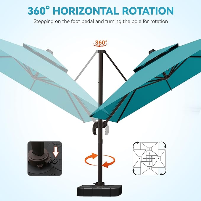 GENTEACO 9x12FT Cantilever Patio Umbrella, Double Top Rectangle Offset Umbrella 7 Angle Tilts & 360° Rotation, Large Heavy Duty Outdoor Sun Umbrella for Pool Market, Turquoise Blue