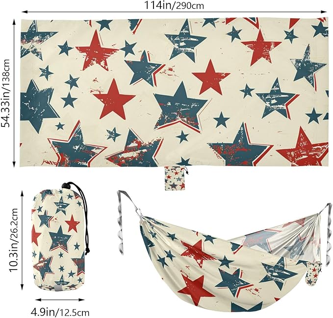 4th of July Independence Day Red and Blue Stars 330lb Capacity Camping Hammock with Tree Straps Tree Hammock for Outside Camping Essentials hamacas para Deck