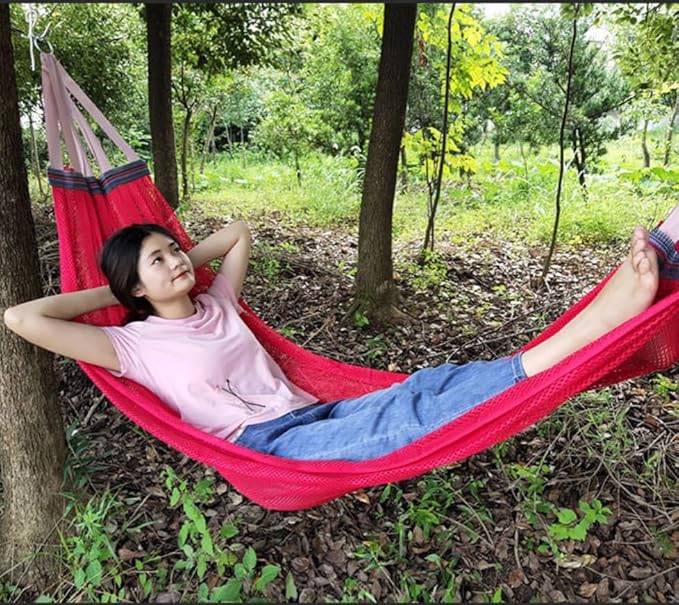 Portable Camping Hammock, Cool Ice Silk Mesh Hammocks with Tree Straps Carry Bag, Single Hanging Sturdy Hammock for Travel Patio Garden. Up to 550lbs. red