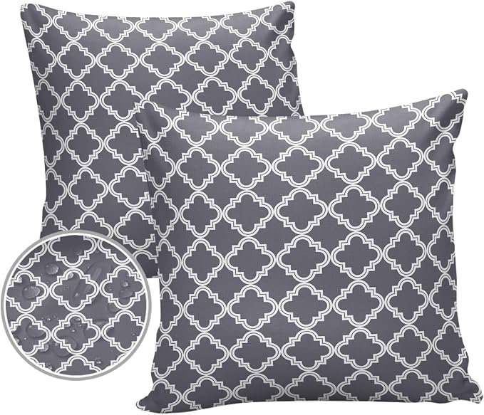 Outdoor Waterproof Pillow Covers for Patio Furniture Moroccan Pattern Decorative Throw Pillow Cover Dark Grey Pillowcases Set of 2 Cushion Case for Sofa Couch Chair Home Decor 26x26 inch