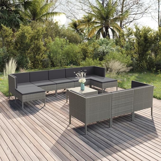 Patio Lounge Set with Cushions,Patio Furniture Sets,Patio Conversation Sets,Outdoor Furniture Sets,for Garden,Backyard,Outdoor,11 Piece Poly Rattan Gray