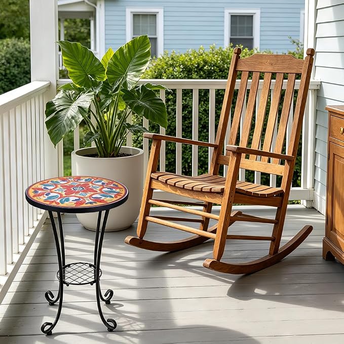 14 Inch Mosaic Patio Side Table with Scroll Legs, Indoor Outdoor Accent Round End Table with Ceramic Tile Tops for Yard, Garden, Living Room, Bistro, B - Mediterranean Floral Pattern