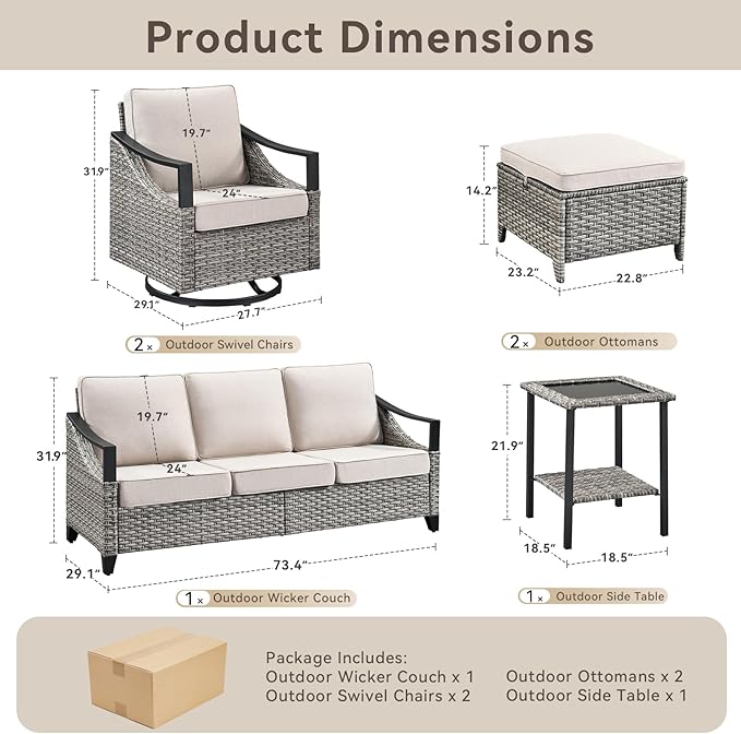 6 Piece Outdoor Patio Furniture Sets-High Back Wicker Swivel Rocker Patio Chairs Set of 2 with Thick Cushions Ottomans, Outdoor Sofa, Patio Conversation Sets for Porch Balcony Patio Deck Grey/Beige