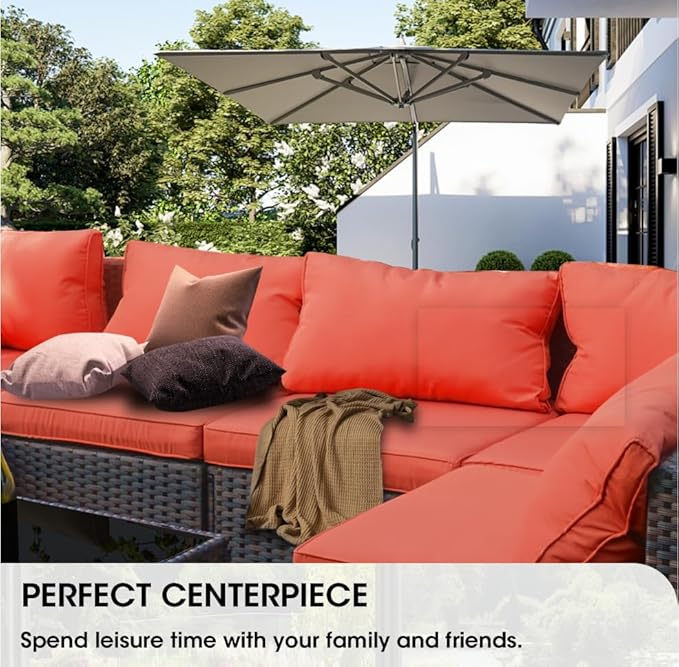 Grezone 7 Piece Patio Furniture Set with Fire Pit Table, Patio Sectional Furniture Sofa Set, Patio Conversation Sets with Cushions and Glass Coffee Table for Garden Lawn Balcony Porch Deck, Red