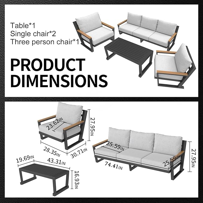 Aluminum Outdoor Patio Furniture Set with Coffee Table,4 Piece Patio Conversation Sets with Washable Thick Cushions, Outdoor Sectional Furniture Set for Porch, Balcony, Deck, Yard, Grey