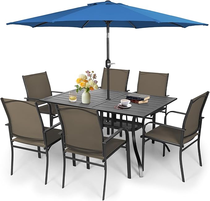 Crownland 7 Piece Patio Dining Set, Outdoor Textilene Dining Sets, 6 Textilene Metal Chairs and Rectangular Outdoor Dining Table with Dark Blue 9FT Round Outdoor Umbrella (Brown)