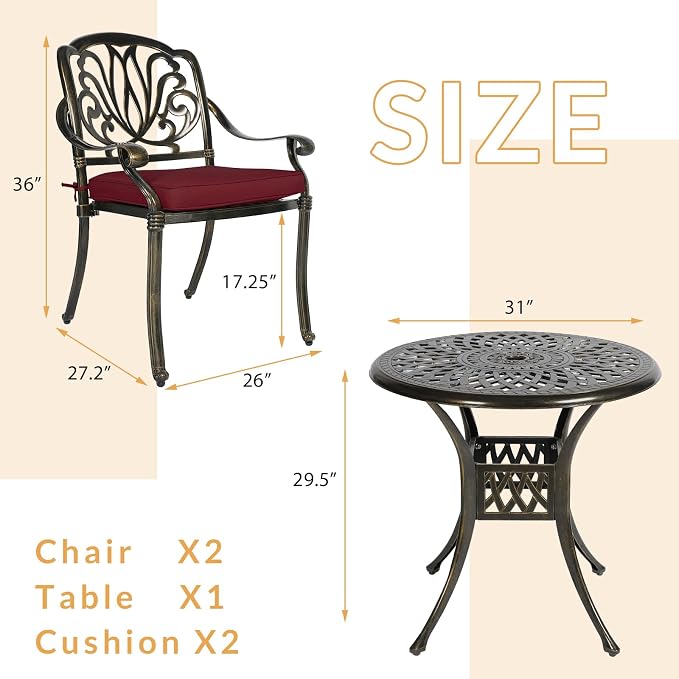 3-Piece Outdoor Patio Dining Set, All-Weather Cast Aluminum Patio Furniture Set for Backyard Garden Deck with 2 Cushioned Chairs and 31” Round Table, 2" Umbrella Hole, Chili Red