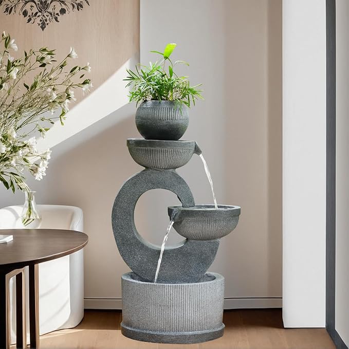 35.6" Tall 3-Tier Resin Outdoor Water Fountain with LED Lights, Natural Cascading Crock Bowl Design for Garden, Patio, Yard, Porch & Deck Décor – Dark Gray