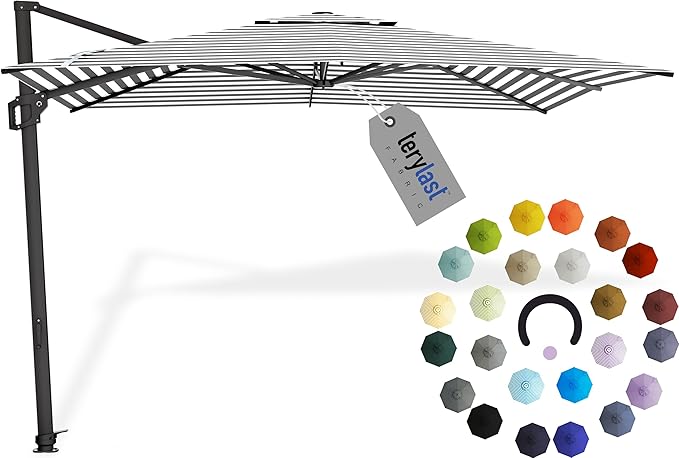 Midtown Umbrellas 9 x 9 Ft Outdoor Cantilever Patio Umbrella w/Terylast Grey Stripes Fabric - Rotate 360° Offset Patio Umbrella, Deck Patio Umbrella, Backyard Umbrella & Garden Umbrella - Black Frame