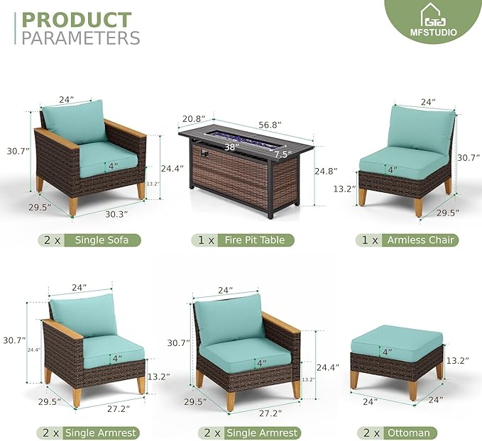 MFSTUDIO 9 Piece Extra Large Wicker Patio Furniture Set with 56" Fire Pit Table, All-Weather PE Rattan Patio Sectional Sofa Conversation Set with 50000 BTU Fire Pit Table & Aqua Blue Cushion