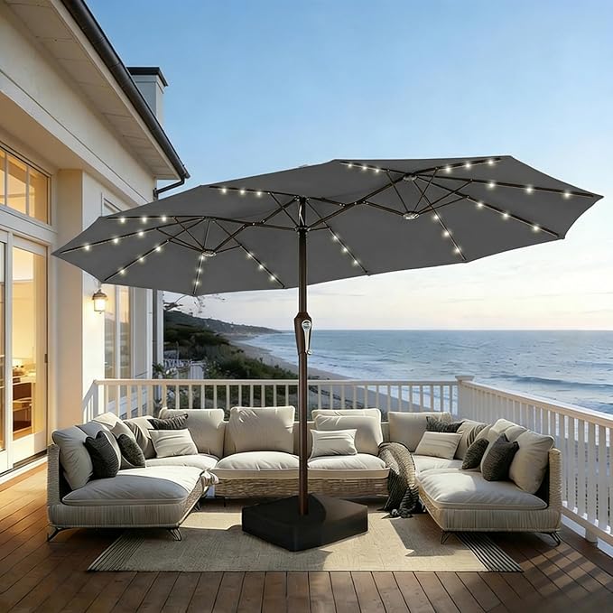 15FT Patio Umbrella with Solar Lights, Double-Sided Extra Large Outdoor Table Umbrella with Base Included, Heavy-Duty 12 Iron Ribs Market Umbrella for Garden, Pool, Backyard, Gray
