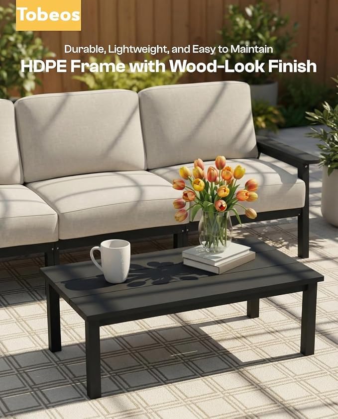 HDPE Patio Furniture Set 8 Seats, Outdoor Couch with Washable Thick Beige Cushions & Side Table, Outdoor Sectional Furniture for Backyard, Deck, Lawn, Porch (Black Frame)