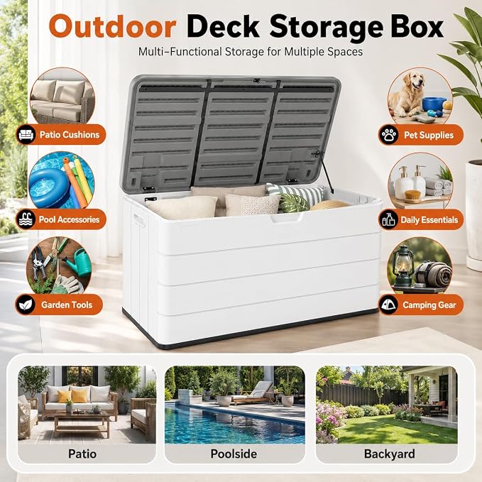 ADDOK 110 Gallon Outdoor Deck Box with Wheels, Large Waterproof Resin Storage Box with 2 Locking Casters, Lid Support Rod and Lockable Lid, Patio Cushion Storage Bench, White