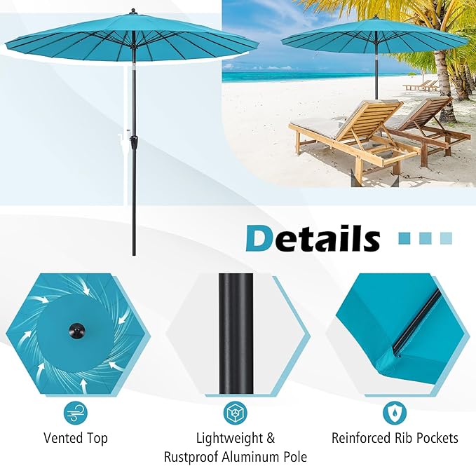 Tangkula 9FT Round Patio Umbrella, Outdoor Market Umbrella with 18 Fiberglass Ribs, Push Button Tilt, Crank, Fade-resistant Canopy & Ventilation, Aluminum Table Umbrella for Backyard, Pool (Turquoise)