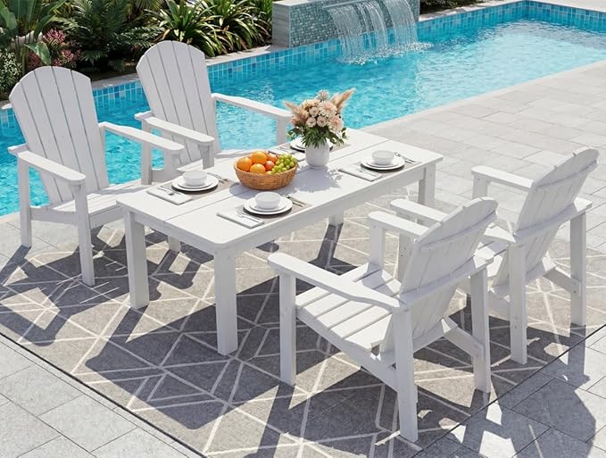 nevilywood 5-Piece HDPE Adirondack Chair Set, 4 Stackable Chairs Coffee Table, All-Weather Wood Grain, Patio Garden Backyard,White