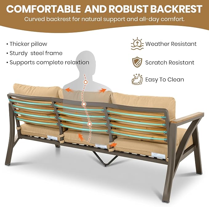 6-Piece Outdoor Patio Furniture Set,Steel Frame Sofa Set with 3-Seat Couch, 2 Armchairs,2 Ottomans & Acacia Wood Coffee Table, Cushioned Seating for Backyard, Garden,Poolside (Brown#56)