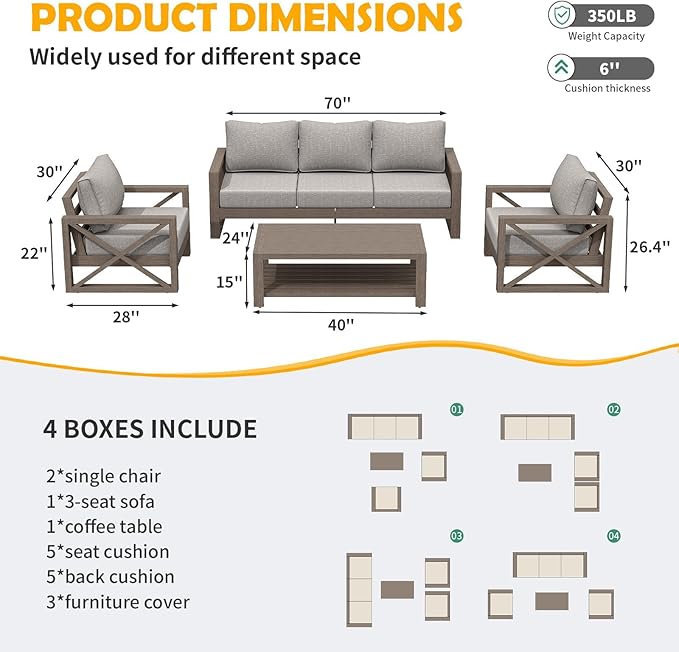 Amopatio Aluminum Patio Furniture Set, 6 Pieces Modern Metal Outdoor Furniture, Faux Wood Grain Finish Frame Patio Sofa Sets with 6" Cushion for Backyard, Beige