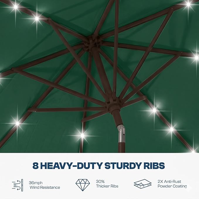 10FT Solar Lighted Patio Umbrella, Outdoor Table Market Umbrellas with Push Button Tilt and Crank, 32 LED Lights, 8 Sturdy Ribs, UV-Resistant for Deck, Garden, Pool