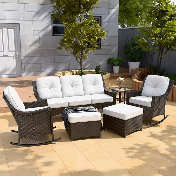 Stone Creek Outdoor Furniture Set with Rocking Chairs, 3 Seater Couch, Side Table & Ottomans, Wicker Patio Conversation Set, Balcony Furniture, 6 Piece, Brown/Beige