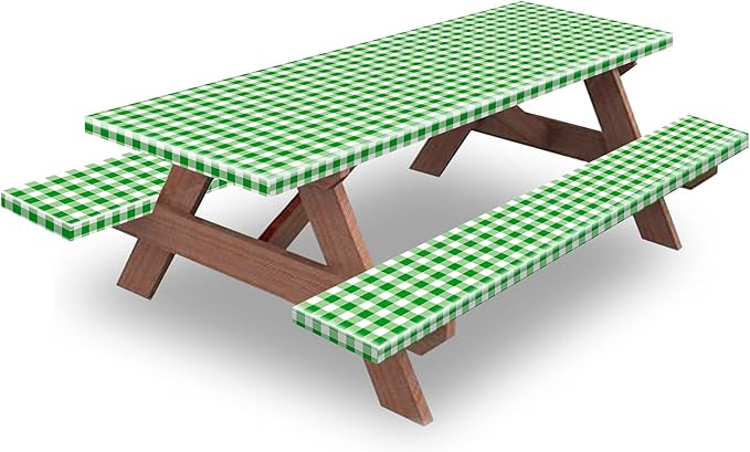 KENOBEE 6ft Picnic Table and Bench Cover, Camping Essentials RV Gear, 72in Waterproof Windproof Outdoor Elastic All Around Tablecloth, Fitted Rectangle Tables and Seats, Green-White Checkered
