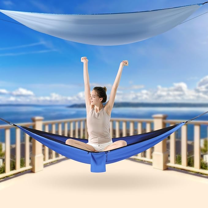 Blue Camping Hammock with Mosquito Net & Rain Fly Tarp, Lightweight Parachute Nylon Hanging Bed, Tree Straps & Carabiners, Bug Mesh Shelter Cover, Compact Backpacking Travel Swinging