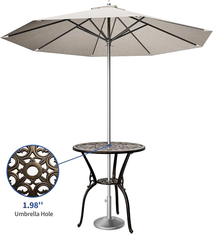 GAOMON 23" Cast Aluminum Patio Bistro Table with Umbrella Hole, Outdoor Round Coffee Bistro Side Table, Anti-Rust Outdoor Furniture for Backyard, Garden, Porch, Pool, Balcony, Bronze