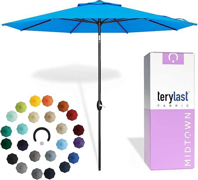 Midtown Umbrellas - 10-Year-No-Fade 6 Ft Patio Umbrella with Terylast Fabric, Auto-Tilt Aluminum Frame and 8 Reinforced Ribs for Deck, Pool, Garden & Beach - Cobalt Blue Canopy, Black Pole