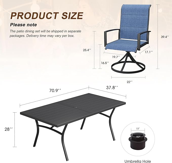 VICLLAX 9 Pieces Outdoor Dining Set, Patio Furniture Set Includes 70" Rectangular Metal Table W/ 1.9" Umbrella Hole and 8 Padded Textilene Swivel Chairs for Porch, Lawn, Garden, Backyard