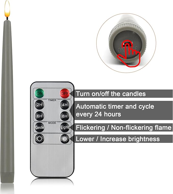 CVHOMEDECO. Flameless Taper Candles with 10-Key Remote, Battery Operated Led Flickering 3D Wick Window Candles Real Wax Finished Home Christmas Party Decor 0.78 x 11 Inch, Pack of 3, Grey
