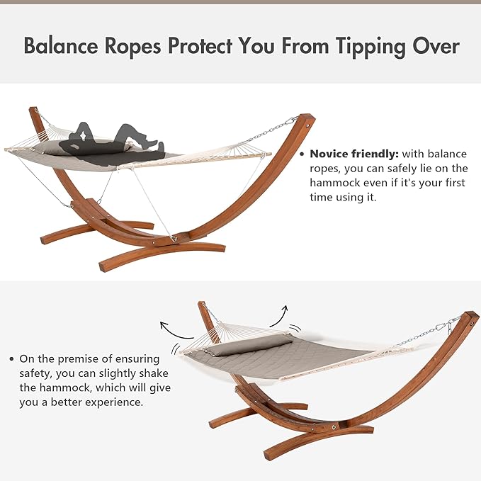 ANOW 13.5FT Curved Wooden Stand with Quilted Hammock, Heavy Duty Larch Wood Arc Stand with 2 Chains, 4 Balance Ropes and 4 Carabiners, Includes Light Brown Hammock with Spreader Bars