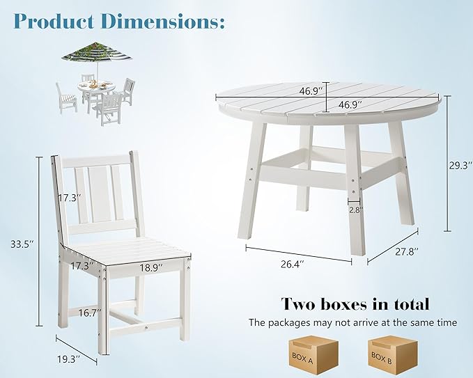 AMERLIFE 5 Piece HDPE Patio Dining Table Set, All-Weather Outdoor Table and Chairs Set Furniture with Umbrella Hole for Garden, Backyard, Poolside, Seaside, White