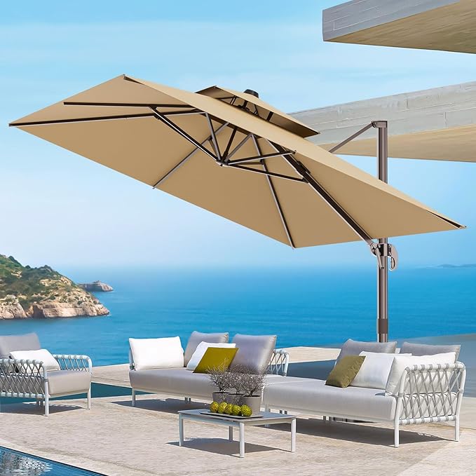 9' X 12' Outdoor Cantilever Patio Umbrella - Heavy Duty Offset Umbrella with 360° Rotation for Garden Deck Pool Patio, Brown
