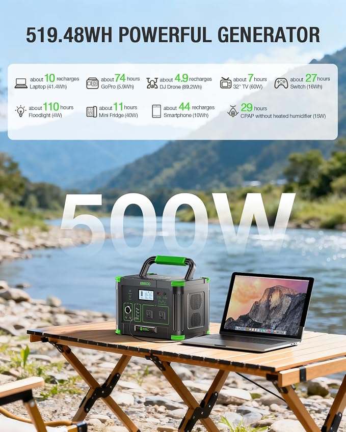 EBL 500W Portable Power Station with 100W Portable Solar Panel 20V, Outdoor Solar Generator 500W(Peak 1000W) Backup Battery Pack Solar Kit for RV/Van Camping Fishing Climbing Road Trip Home Emergency