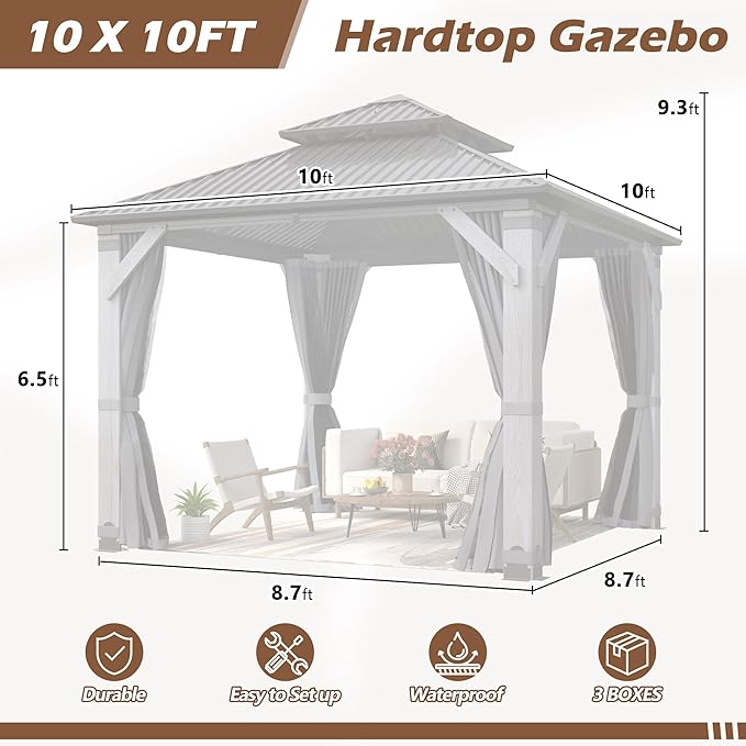 10' x 10' Wood Gazebo, Outdoor Cedar Wood Hardtop Gazebo with Galvanized Steel Doule Roof, Wooden Frame Gazebos with Netting and Curtains for Patio Backyard Deck