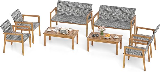 Tangkula 8 Pieces Outdoor Furniture Set, Acacia Wood Frame Sofa Set w/Rattan Seat & Back, Patio Conversation Set w/Coffee Table for Balcony, Poolside, Backyard