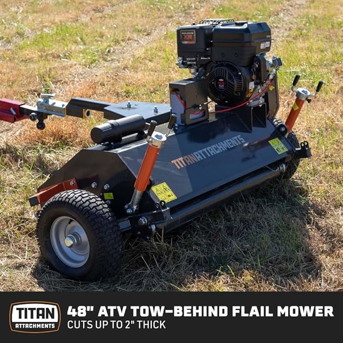 Titan Attachments 48" ATV/UTV Tow-Behind Flail Mower, Briggs and Stratton 420cc XR Professional Series Engine, 13.5 HP, Electric Start, Y-Blades, Mulch and Finish Mower for Uneven Terrain