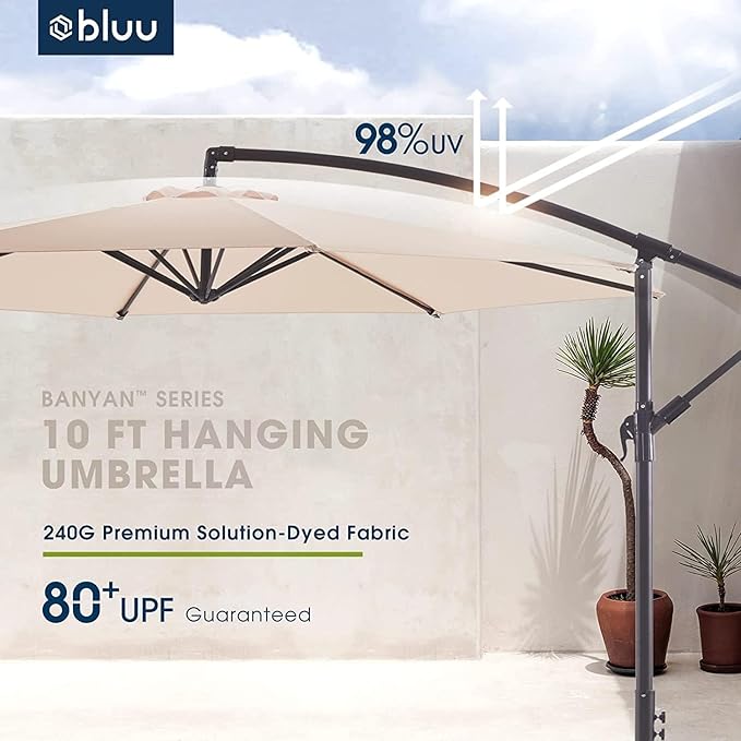 BLUU BANYAN 10 FT Patio Offset Umbrella Cantilever Hanging Umbrellas, 24 Month Fade Resistance & Water-repellent UV Protection, Crank & Cross Base (Beige, 10 FT WITH 600D COVER)