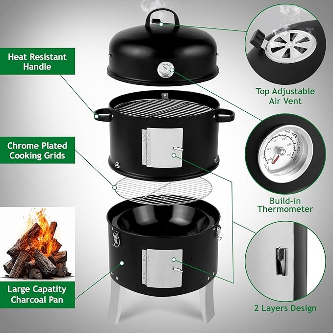 Heavy Duty Double Layer Round BBQ Grill,3-in-1 Vertical Steel Charcoal Smoker, 18 Inch Multi-Layer Charcoal BBQ Smoker Grill,Idea for Parties, Backyard, Barbecues